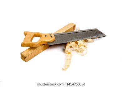 Wood Working Tools Back Saw Isolated On White With Wood Shavings