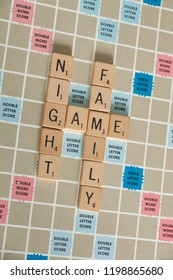 Woodbridge, New Jersey / United States - October 9, 2018: A Vintage Scrabble Board Game Is Shown With Letter Tiles Spelling Out Family Game Night.