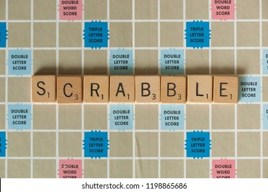 Woodbridge, New Jersey / United States - October 9, 2018: A Vintage Scrabble Board Game Is Shown With Letter Tiles Spelling Out Scrabble