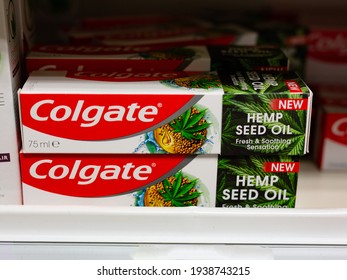 Woodbridge, Suffolk, UK March 15 2021: New Hemp Seed Oil Toothpaste On The Shelf Of A Shop For Sale. Cannabis, CBD, Alternative Medicine Concept