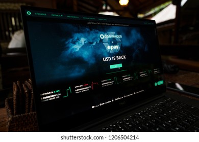 Woodbridge, VA / USA - September 18 2018: Cobinhood bitcoin investing online. Join and open account from anywhere. Coffee shop digital nomad traveler with cryptocurrency.