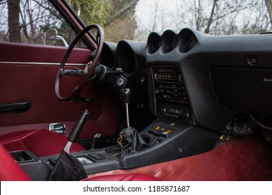 Woodbridge, Virginia, USA - December 26, 2016 - Datsun 240z Red Leather Interior Two-Seater Coupe Classic Vintage Antique Race Car Manual Stick Shift Transmission