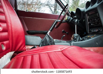 Woodbridge, Virginia, USA - December 26, 2016 - Datsun 240z Red Leather Interior Two-Seater Coupe Classic Vintage Antique Race Car Manual Stick Shift Transmission