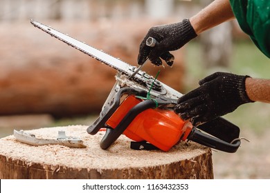 Woodcutter man repairs chainsaw, sharpens chain in forest - Powered by Shutterstock