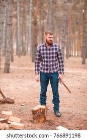A woodcutter stands near the stump, holds an ax in his hands. Outdoors.