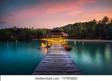 Wooded bridge and pavolion in Koh Kood in Trad with morning sunrise, Thailand, This immage can use for Resort, Beach, Holiday, summer, romantic and travel concept