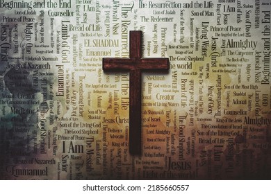 Wooded Cross With Jesus Names And Atributes On A Old Paper On The Background. 