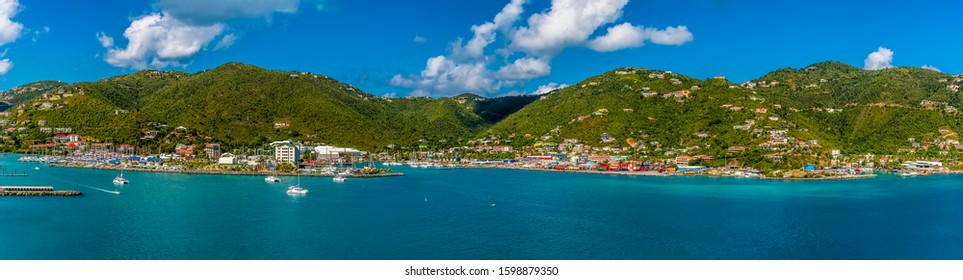 The wooded hilltops above Road Town dotted with colourful houses in Tortola 
