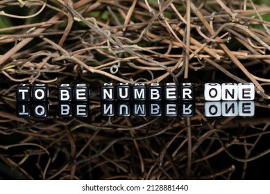 Wooden alphabet blocks arranged into "to be number one" against a background of dry twigs of vines.