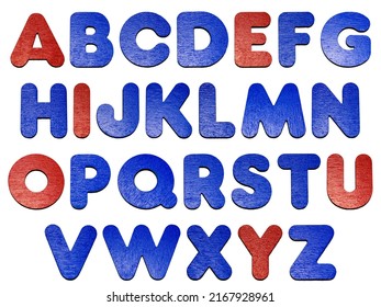 Wooden alphabet. Red and blue letters. Isolated on white background
