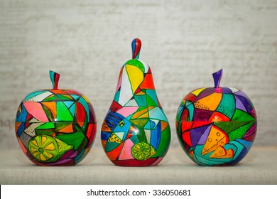Wooden Apples And Pear Painted By Hand. Handmade, Contemporary Art.