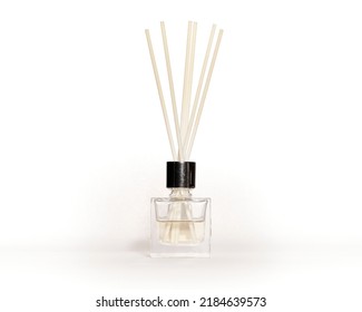  Wooden aroma sticks in a glass flask filled with flavor liquid substance isolated over white background, side view                               - Shutterstock ID 2184639573