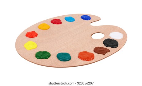 Wooden Art Palette With Paints, Isolated On White Background