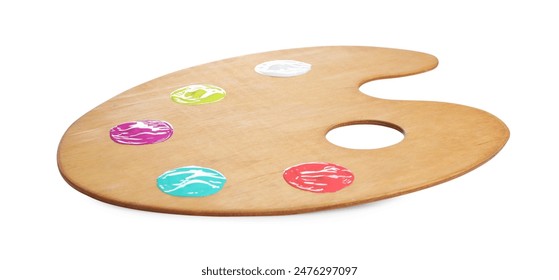 Wooden artist's palette with samples of paints isolated on white - Powered by Shutterstock