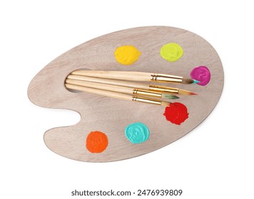 Wooden artist's palette with samples of paints and brushes isolated on white - Powered by Shutterstock