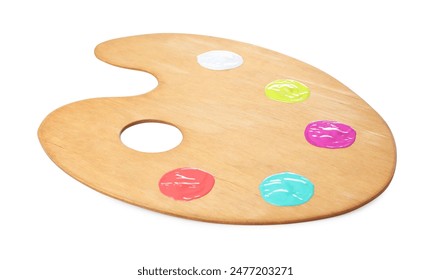 Wooden artist's palette with samples of paints isolated on white - Powered by Shutterstock