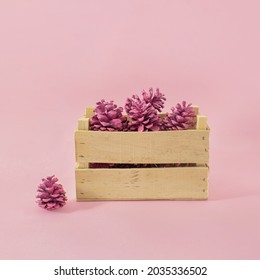 Wooden Autumn basket full of pink pinecone. Creative vintage concept on pastel background.