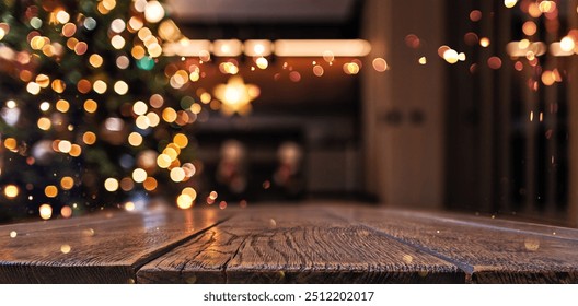 Wooden background with blur effect. Christmas tree and garland lights. Home holiday background - Powered by Shutterstock