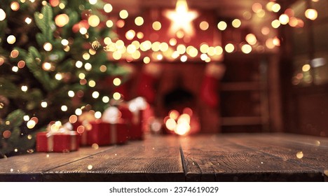 Wooden background with glitter effects and fireplace