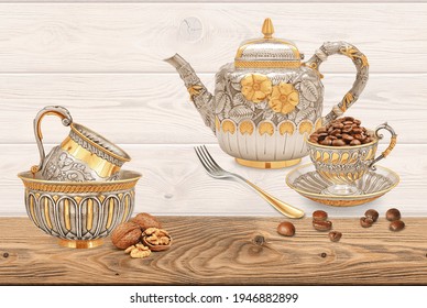 Wooden background with Gold Cups and teapot with coffee and spoon kitchen set - Shutterstock ID 1946882899
