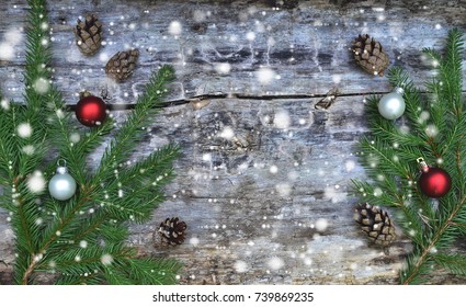 Wooden Background Pine Tree Cone Concept Of Christmas Top View Table Copy Space New Year Decorations Snow Down