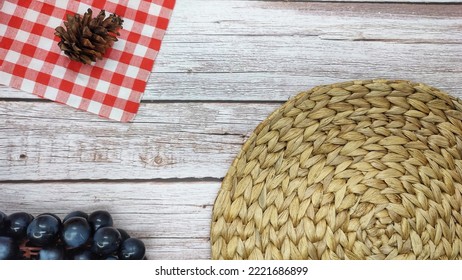 Wooden Background With Rattan Plate