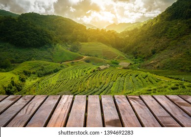 Wooden Balcony With The Tea Field In The Valley, Mountain. Wooden Balcony To See The View Of The Tea Field And Mountain