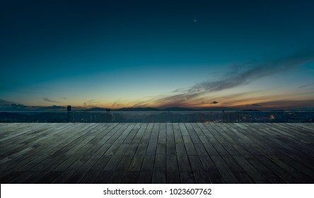 Wooden Balcony Terrace With Early Morning Sky .