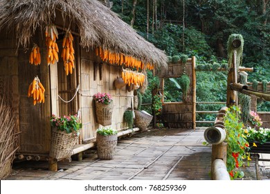 Wooden bamboo house in forest. 
