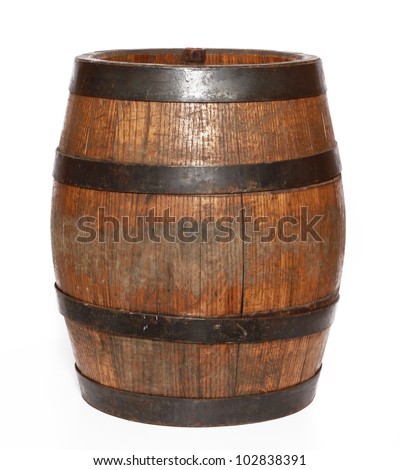  Wooden barrel with iron rings. Isolated on white background.