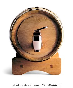 Wooden Barrel On Stand With Spout Cut Out.