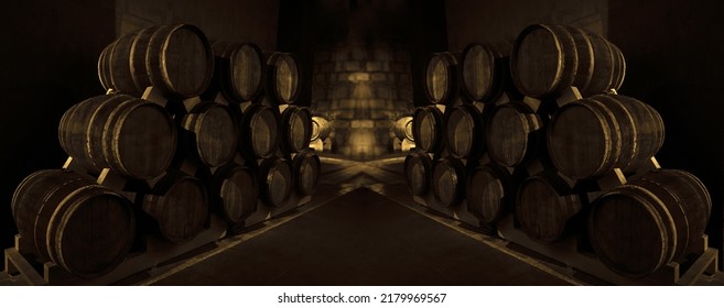 Wooden Barrels Of Aged Wine. Old Wine Cellar With Many Oak Barrels, Equipment For Wine Production. Barrels In Cellar. Rows Of Wine And Cognac Barrels In The Basement Of Winery. Process Of Aging