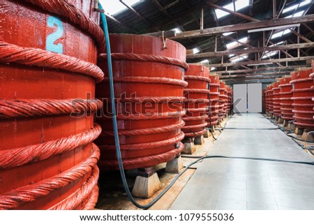 wooden barrels in a fish sauce factory on Phu Quoc island.
