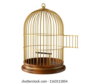 wooden base golden birdcage with open door isolated on white background