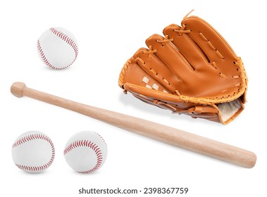 Wooden baseball bat, balls and pitcher isolated on white - Powered by Shutterstock