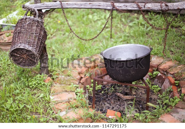 Wooden Basket Cast Iron Cauldron Over Stock Photo Edit Now