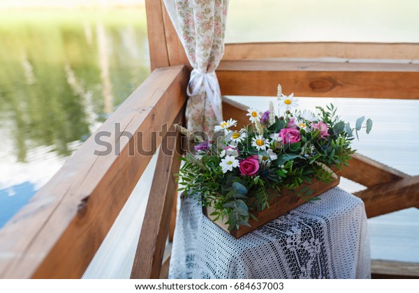 Wooden Basket Flowers On White Tablecloths Stock Image Download Now