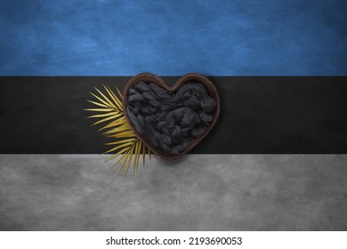 Wooden Basket Heart Form On Background Of National Flag. Photography And Marketing Digital Backdrop. Estonia