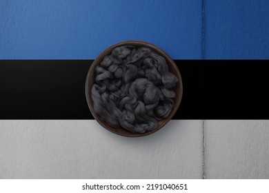 Wooden Basket On Background In Colors Of National Flag. Photography And Marketing Digital Backdrop. Estonia