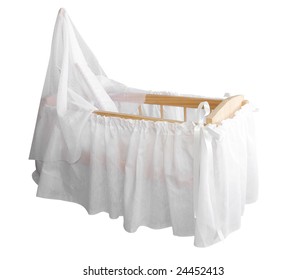 Wooden Bassinet With White Drapes Isolated With Clipping Path