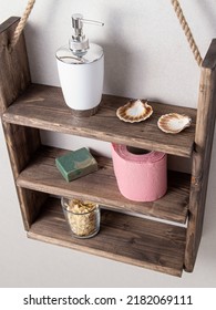 Wooden Bathroom Shelf. Order And Organization Of Space In The Bathroom