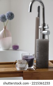 Wooden Bathtub Tray With Candles, Closeup