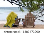 Wooden beach chairs at Waialea  beach, Puako Bay, Waimea, Big Island, Hawaii