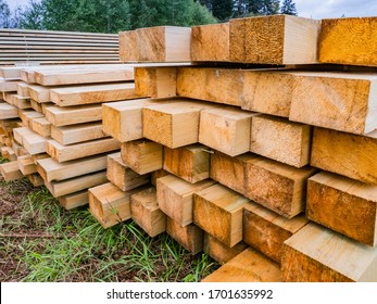 Wooden Beams Of Different Sizes. Lumber. Concept - Sale Of Wood For Construction. Piles Of Wooden Beams Lie On The Ground. Concept - Buying Wooden Slings For Building A House. Open-air Lumber