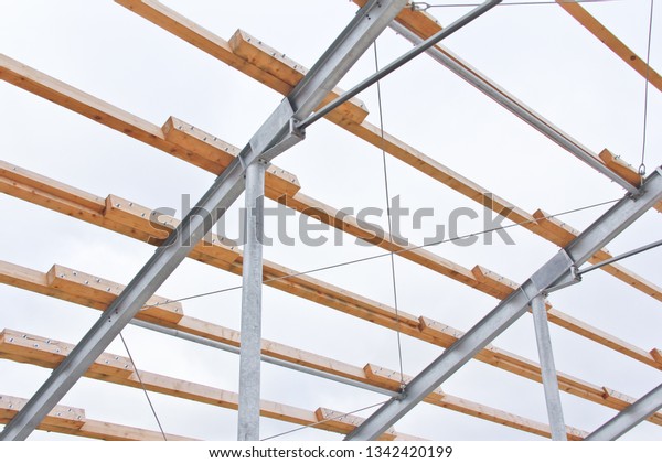 Wooden Beams On Metal Frame Construction Stock Photo Edit Now