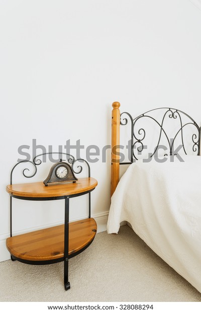 Wooden Bed Nightstand Ornamental Iron Elements Stock Photo Edit Now 328088294