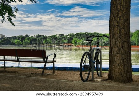 Wooden bench and bicycle parked in front of a lake in the Casa de Campo Madrid
