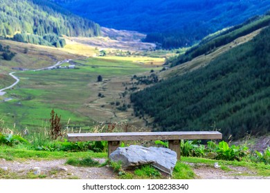 Wooden Bench Looking Down Glen Croe Scotland