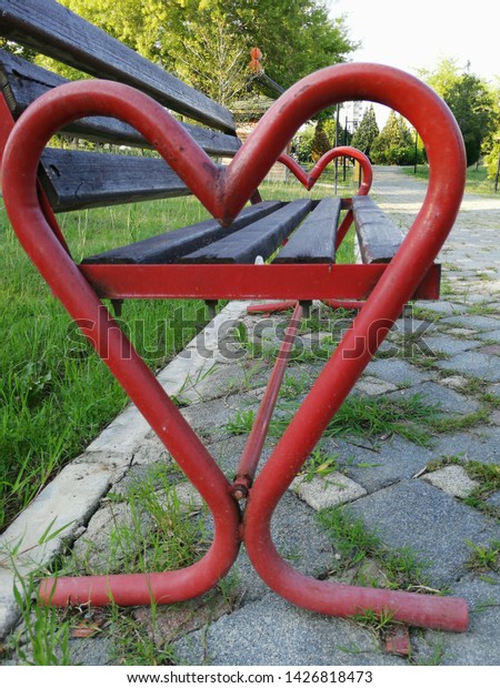 Wooden Bench Metal Legs Park Against Stock Photo Edit Now 1426818473