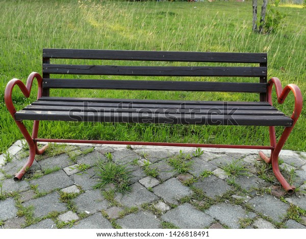 Wooden Bench Metal Legs Park Against Stock Photo Edit Now 1426818491